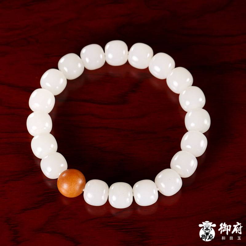 Xinjiang Hetian white seed jade barrel-bead bracelet, 45.7 g - Yufu Jade