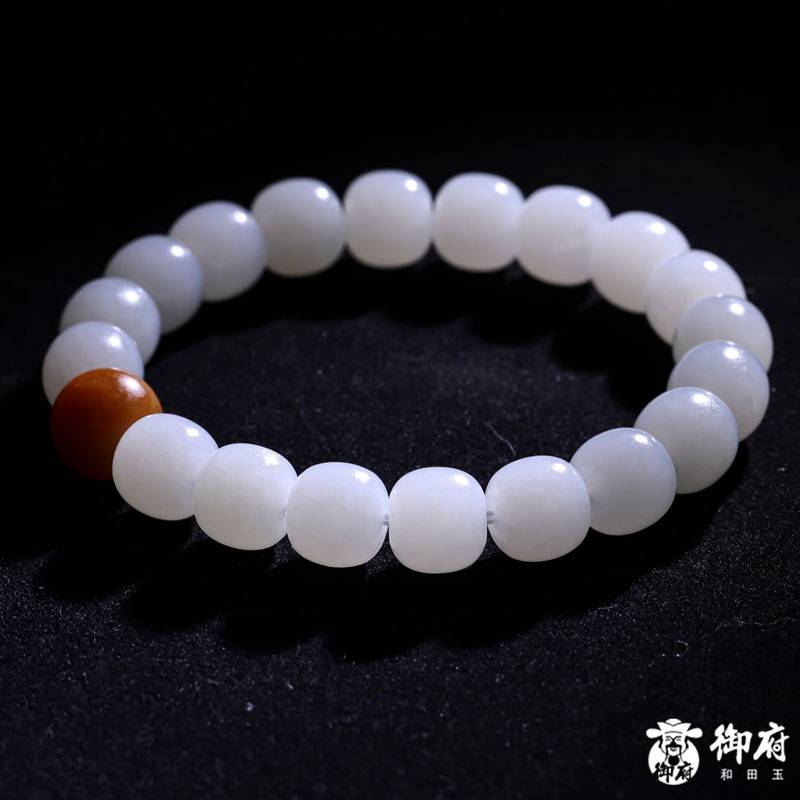 Xinjiang Hetian white seed jade barrel-bead bracelet, 45.7 g - Yufu Jade detail photograph 4