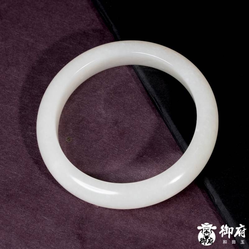 Xinjiang Hetian white seed jade flat-band bangle with natural skin, 52.8 g, 56 mm - Yufu Jade