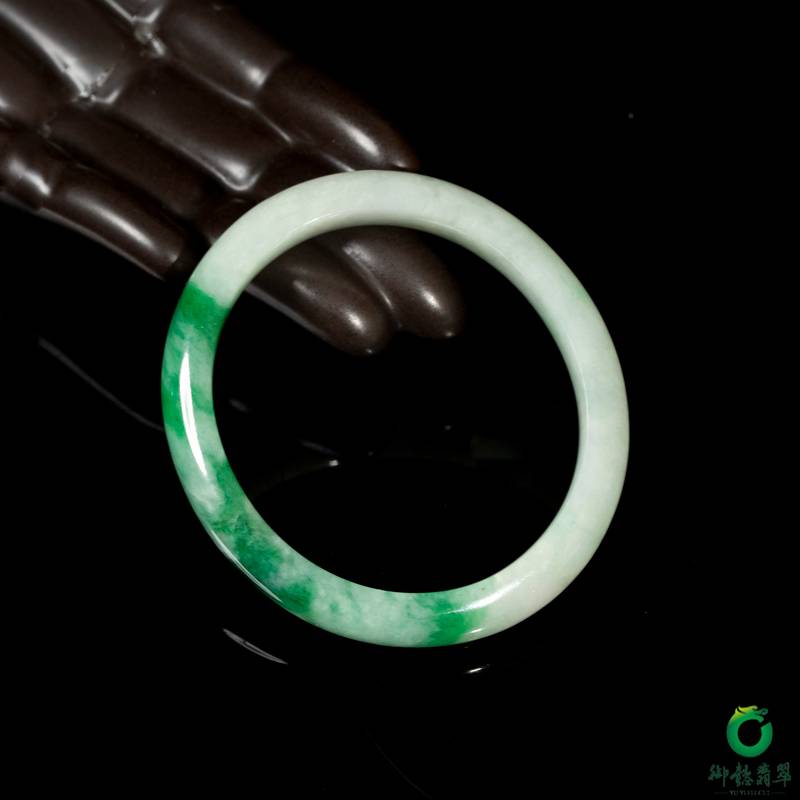 Burmese jadeite A-grade oval bangle in floating green (Guifei style), 43.7 g, 52 mm - Yufu Jade detail photograph 3
