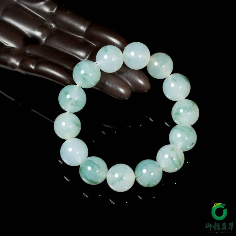Burmese jadeite A-grade round-bead bracelet with ice floating-flower pattern, 83.5 g - Yufu Jade