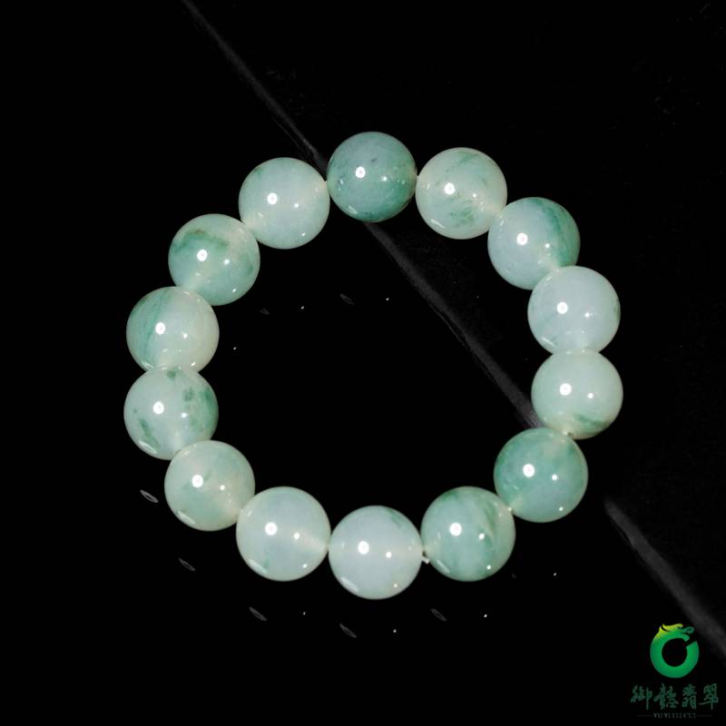 Burmese jadeite A-grade round-bead bracelet with ice floating-flower pattern, 83.5 g - Yufu Jade detail photograph 2