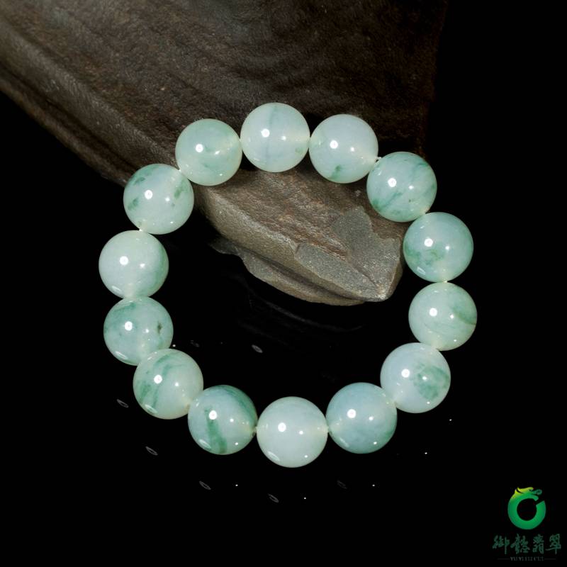 Burmese jadeite A-grade round-bead bracelet with ice floating-flower pattern, 83.5 g - Yufu Jade detail photograph 3