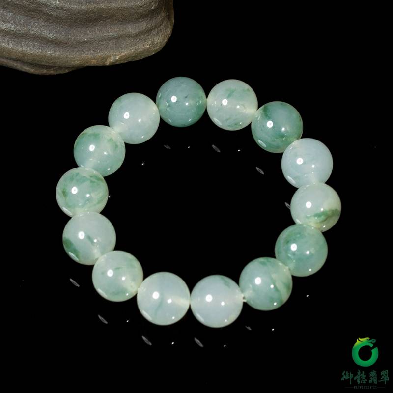 Burmese jadeite A-grade round-bead bracelet with ice floating-flower pattern, 83.5 g - Yufu Jade detail photograph 4