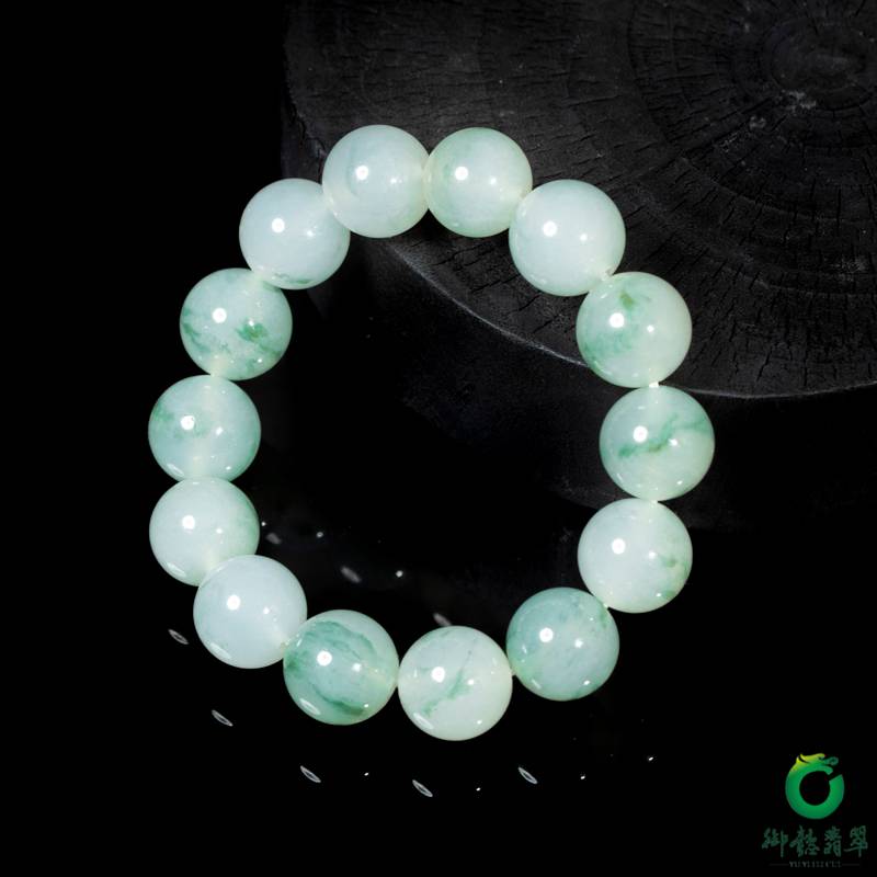 Burmese jadeite A-grade round-bead bracelet with ice floating-flower pattern, 83.5 g - Yufu Jade detail photograph 5
